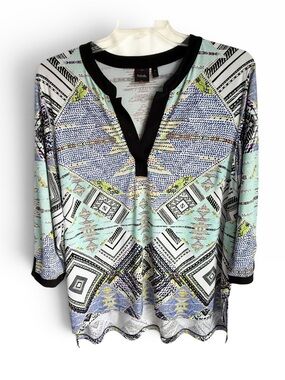 Rafaella Mint, Black & Lavender Geometric Tunic Top